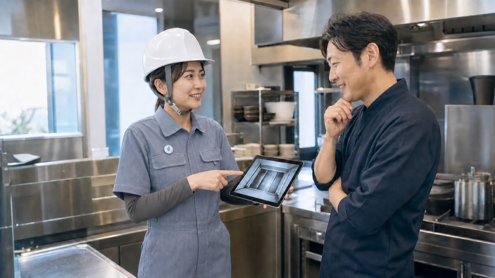 飲食店の厨房で作業内容を説明する女性スタッフのイメージ